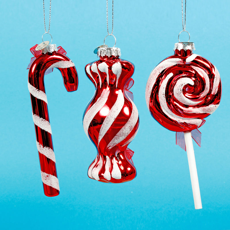 Red and White Christmas Candy 3D Baubles Set of 3 Hanging Tree Decorations