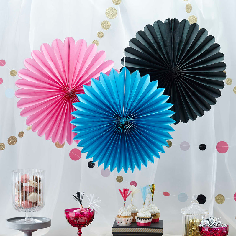 Pink Black Blue Pinwheel Fan Decorations Pack of 3