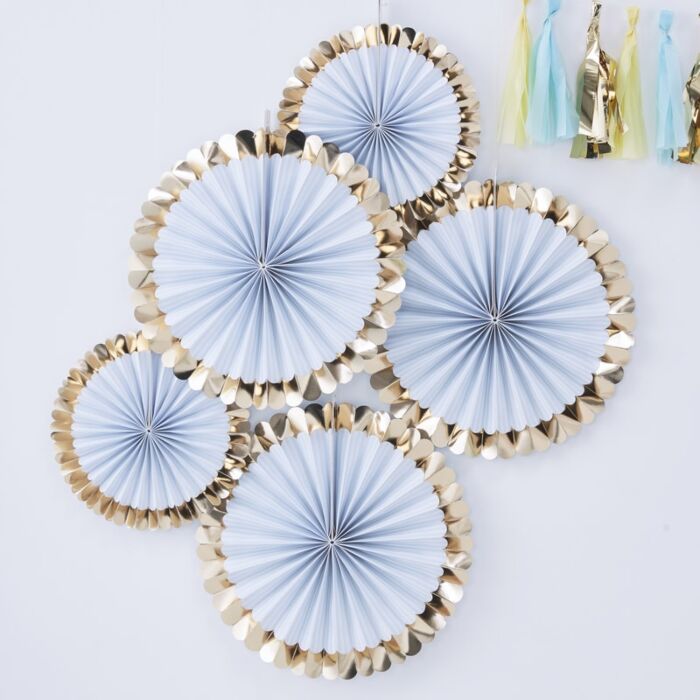 Pastel Blue and Gold Foil Pinwheel Fan Decorations Pack of 5
