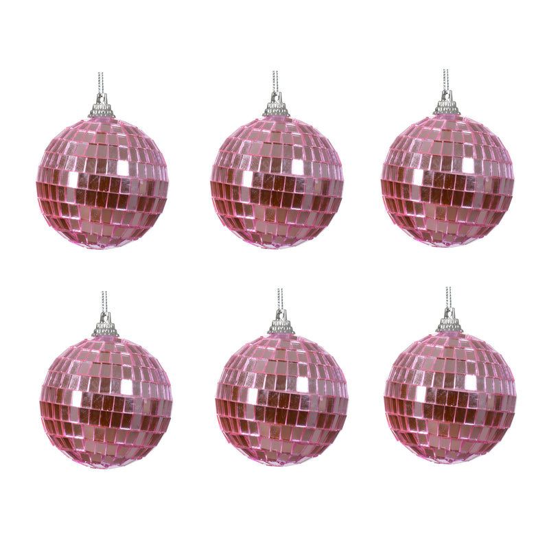Disco Balls Set of 6 Pink Hanging Christmas Baubles