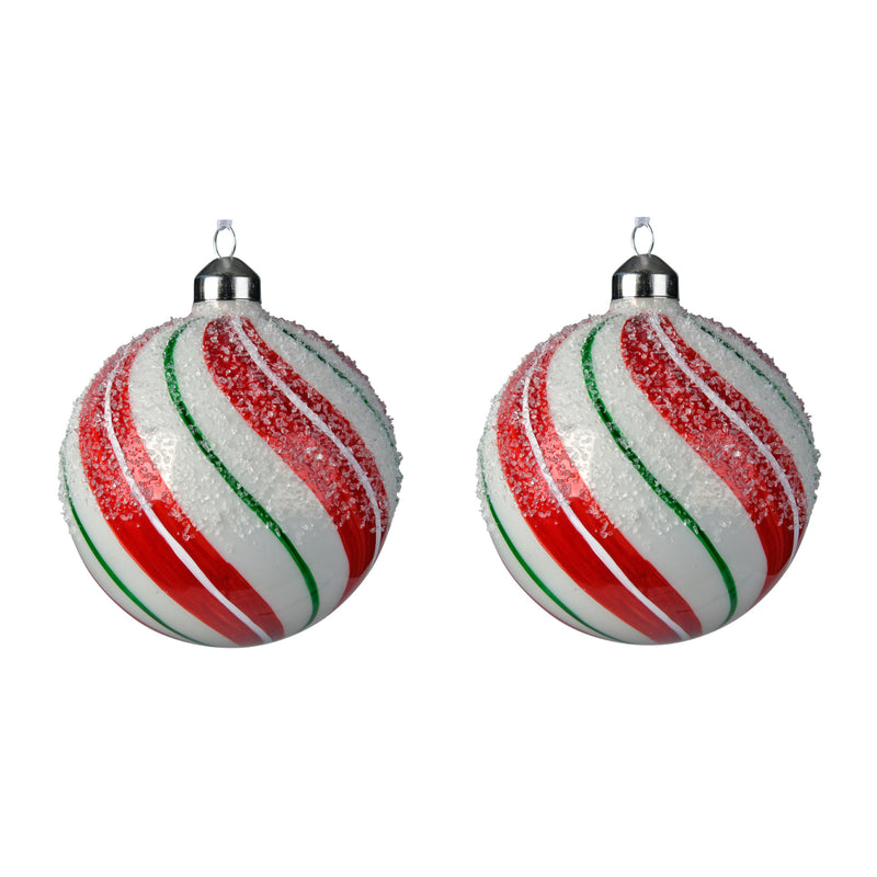 Set of 2 Frosted Striped Glass Hanging Christmas Baubles