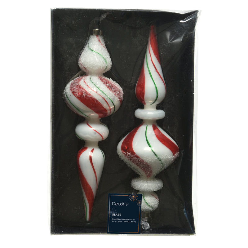 Set of 2 Shaped Sugar Stripe Glass Hanging Christmas Baubles