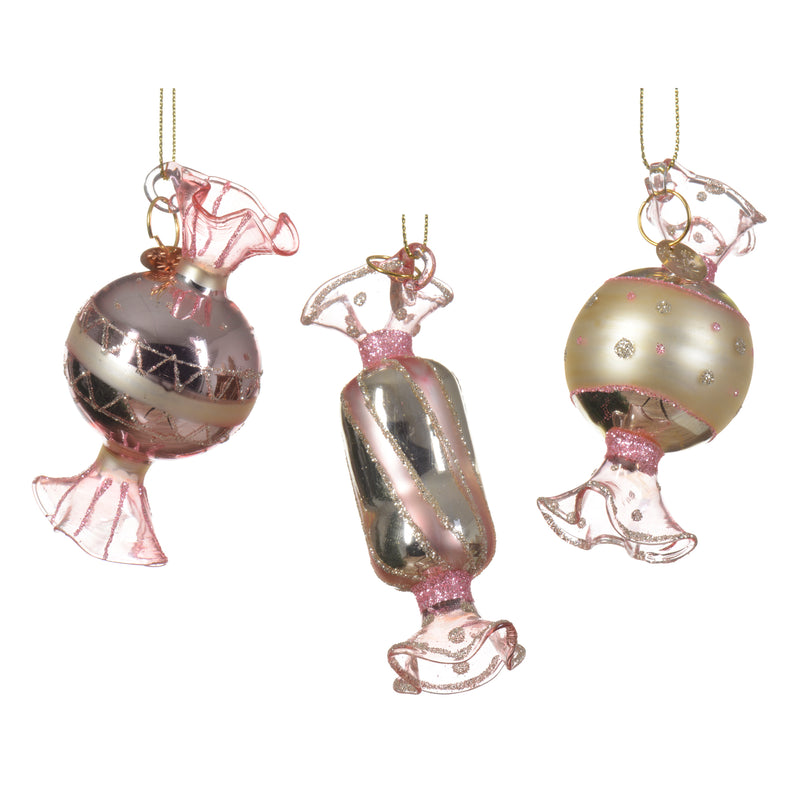 Wrapped Candy Sweets Set of Three Glass Hanging Christmas Baubles