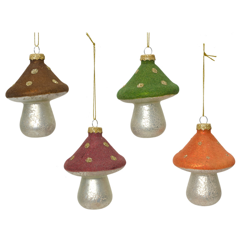 Mushrooms Set of 4 Shaped Glass Hanging Christmas Baubles