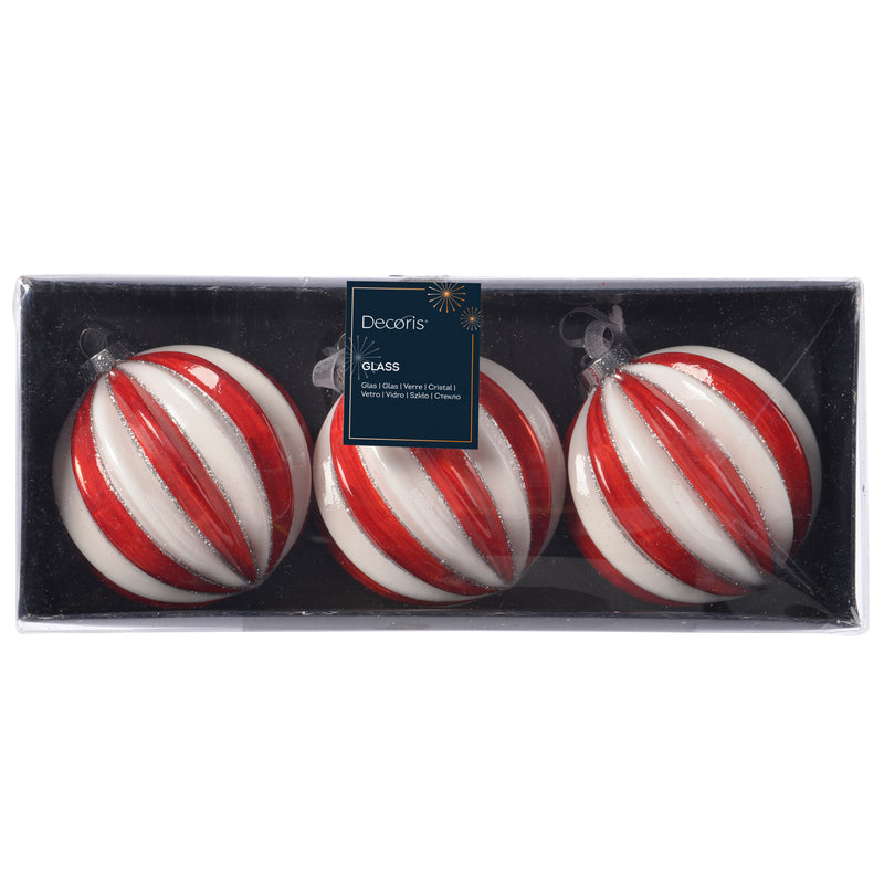 Red and White Striped Glass Baubles set of 3 Hanging Christmas Decorations