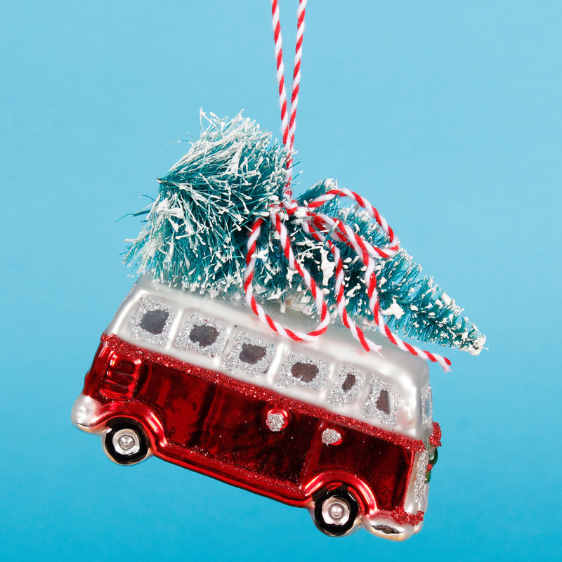 Red Camper Van With Tree Hanging Christmas Bauble