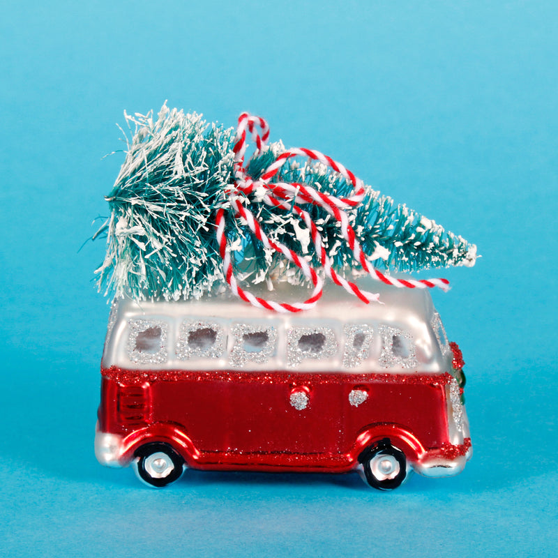 Red Camper Van With Tree Hanging Christmas Bauble