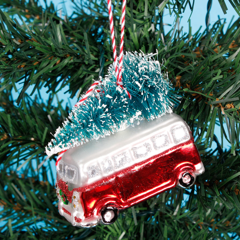 Red Camper Van With Tree Hanging Christmas Bauble
