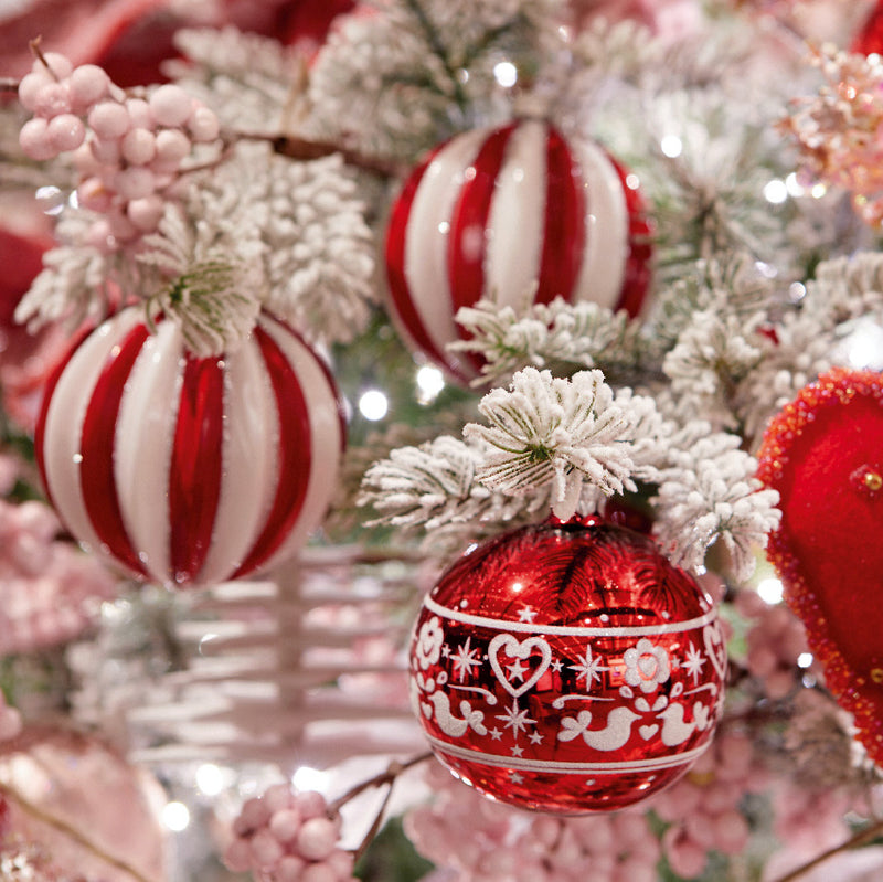 Red and White Striped Glass Baubles set of 3 Hanging Christmas Decorations