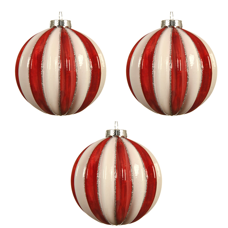 Red and White Striped Glass Baubles set of 3 Hanging Christmas Decorations
