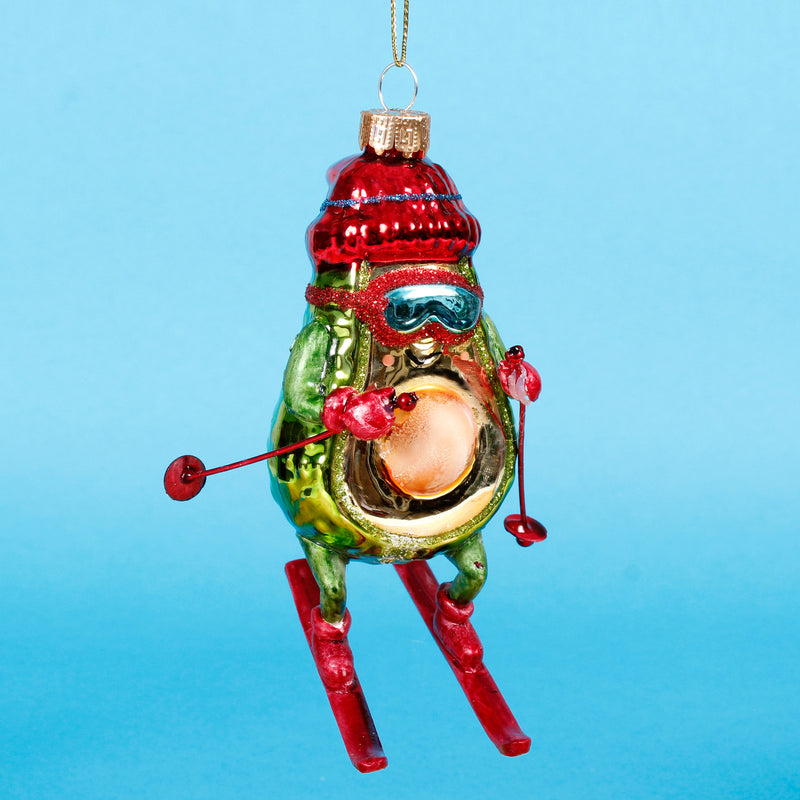 Festive Skiing Avocado Hanging Christmas Bauble