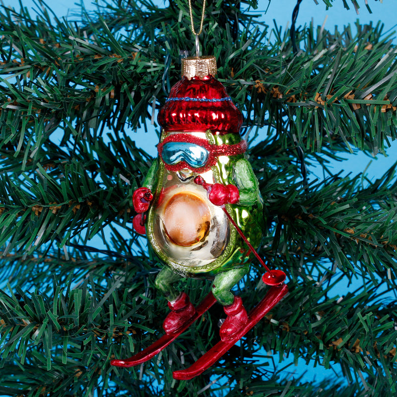 Festive Skiing Avocado Hanging Christmas Bauble