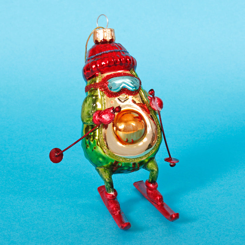 Festive Skiing Avocado Hanging Christmas Bauble