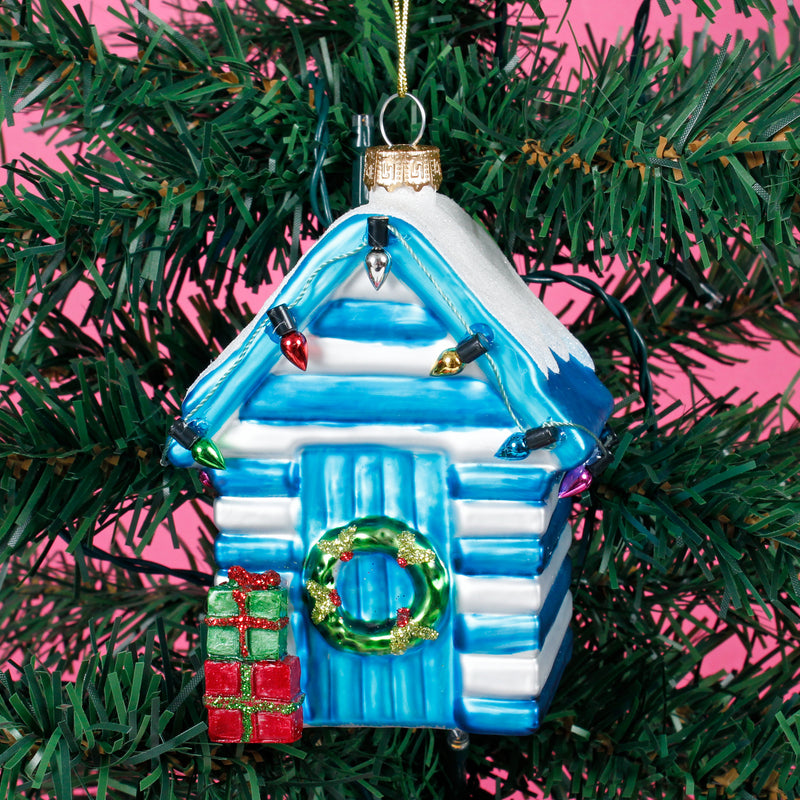 Blue Beach Hut Hanging Christmas Bauble