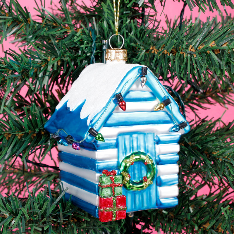 Blue Beach Hut Hanging Christmas Bauble