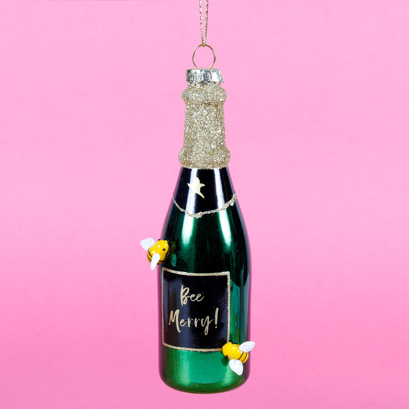 Bee Merry Champagne Bottle Shaped Bauble