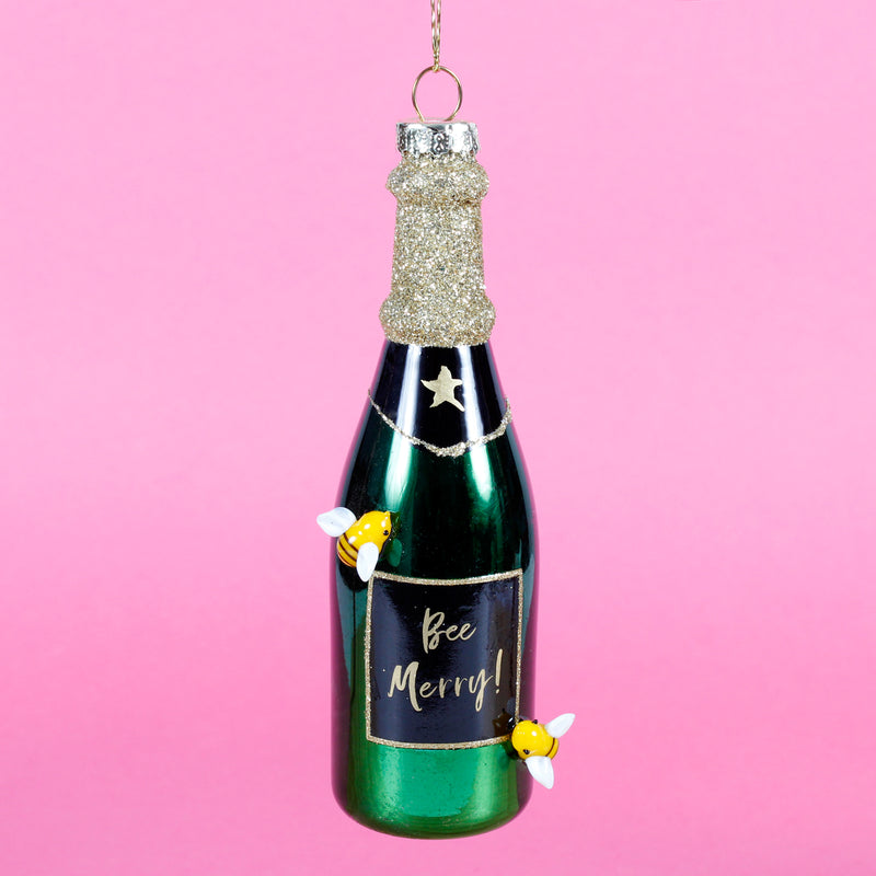 Bee Merry Champagne Bottle Shaped Bauble