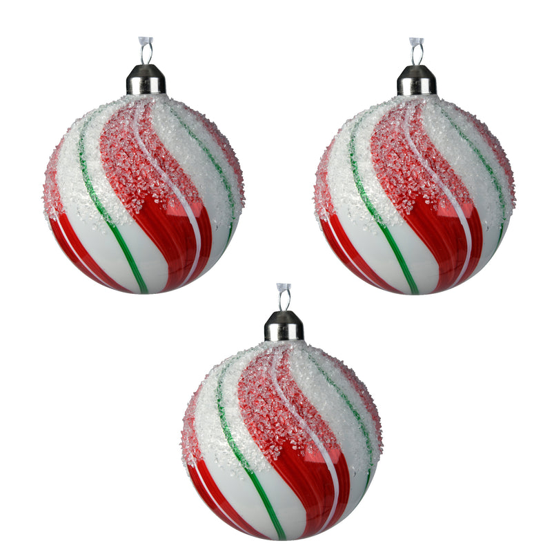 Set of 3 Frosted Striped Glass Hanging Christmas Baubles