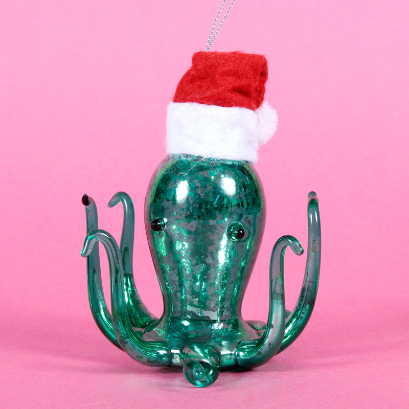 Octopus Wearing A Santa Hat Hanging Christmas Bauble