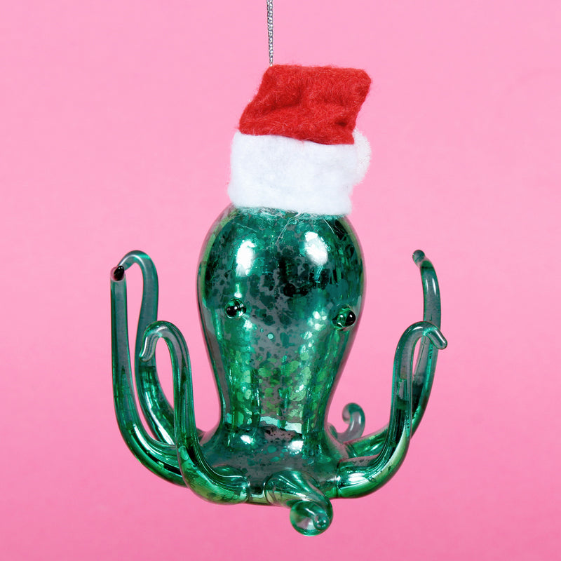 Octopus Wearing A Santa Hat Hanging Christmas Bauble