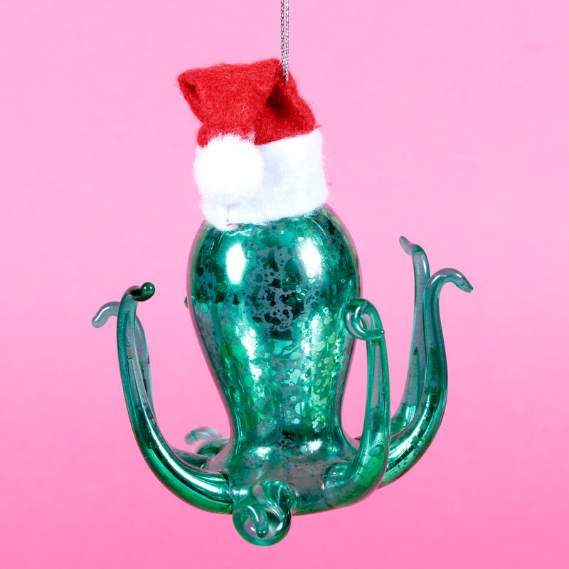Octopus Wearing A Santa Hat Hanging Christmas Bauble