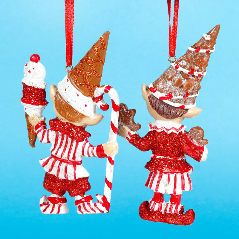 Peppermint Elf Shaped Christmas Baubles Set of 2 Elves Hanging Decorations