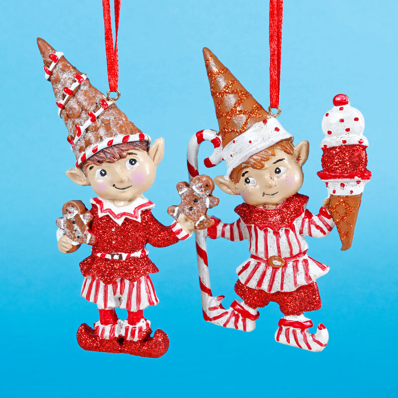 Peppermint Elf Shaped Christmas Baubles Set of 2 Elves Hanging Decorations