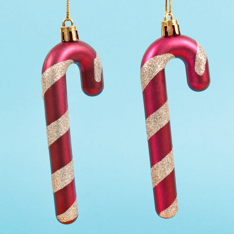Set of four Candy Canes Pink and Gold Matte and Shiny Glitter Hanging Christmas Tree Decorations