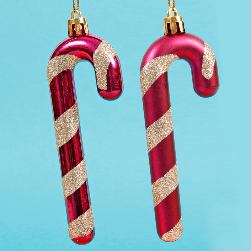 Set of four Candy Canes Pink and Gold Matte and Shiny Glitter Hanging Christmas Tree Decorations