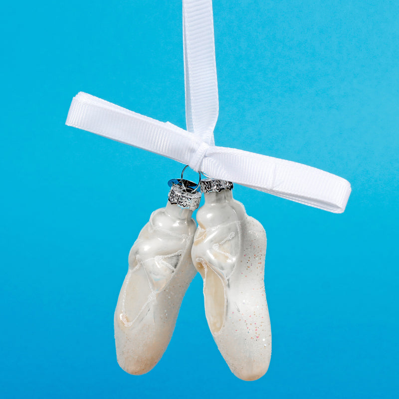 Ballet Slippers White Glitter 3D Glass Christmas Hanging Bauble