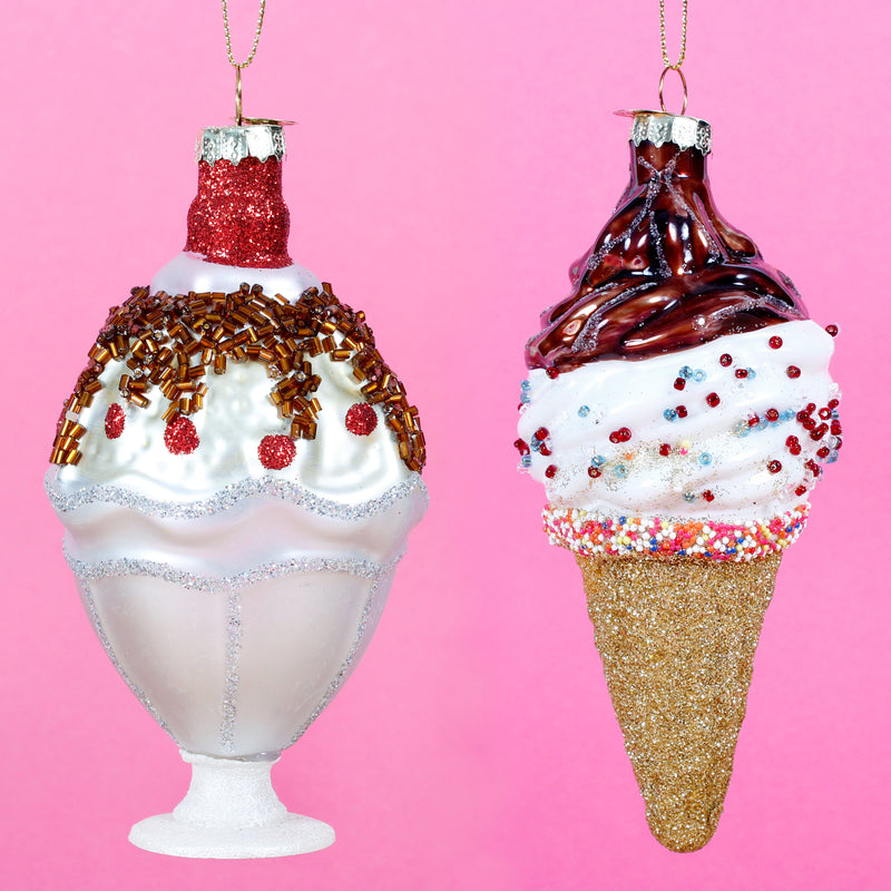Ice Cream Cone and Sundae Shaped Hanging Christmas Tree Baubles 3D Set of 2
