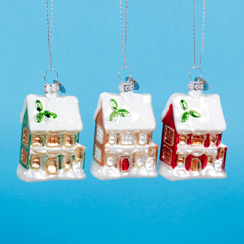 Christmas Cottages 3D Baubles Shaped Set of 3 Hanging Christmas Decorations