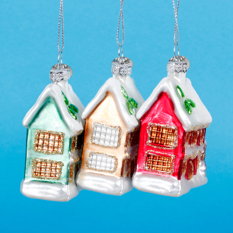 Christmas Cottages 3D Baubles Shaped Set of 3 Hanging Christmas Decorations