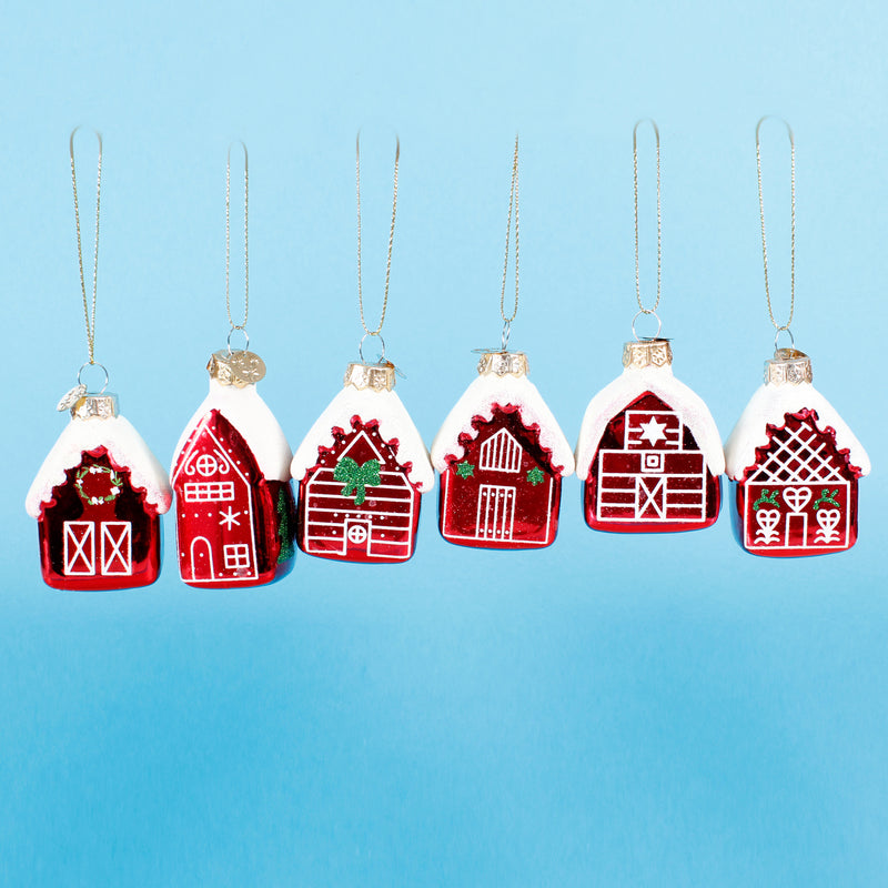 Snowy Cabins Set of 6 Glass 3D Hanging Christmas Tree Decoration Baubles