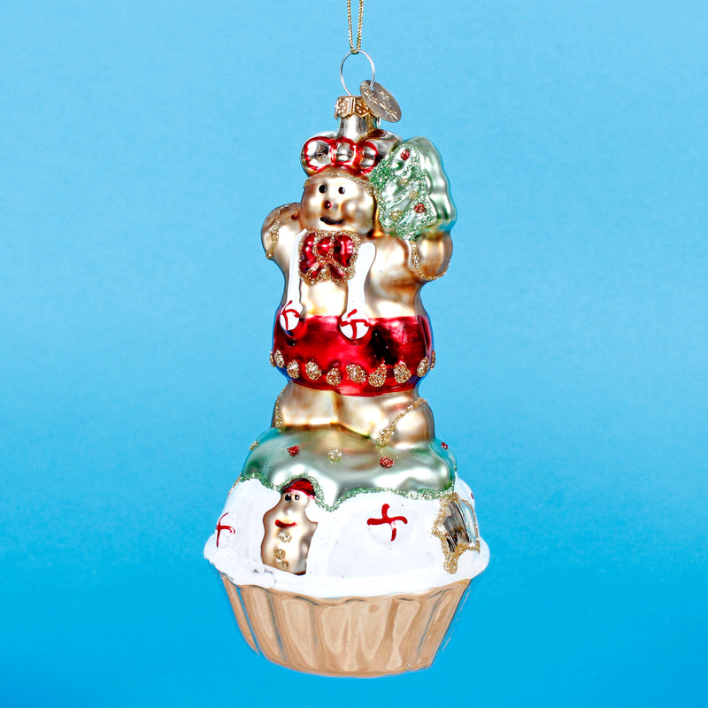 Gingerbread Cupcake Shaped 3D Glass Christmas Hanging Bauble