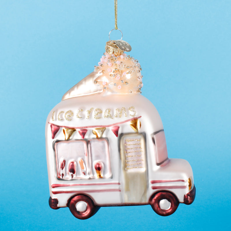 Ice Cream Van Pink Glass 3d Christmas Hanging Bauble