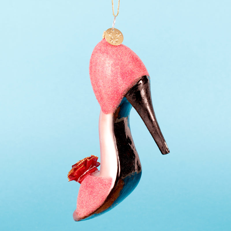 Dark Pink Stiletto Shoe Shaped 3d Glass Christmas Hanging Bauble