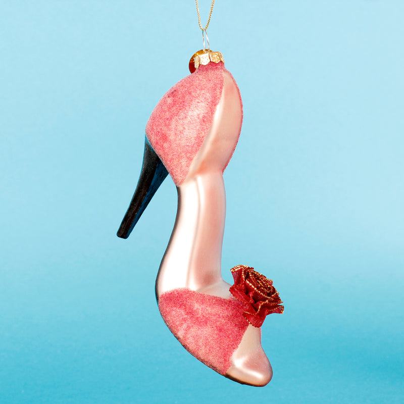 Dark Pink Stiletto Shoe Shaped 3d Glass Christmas Hanging Bauble