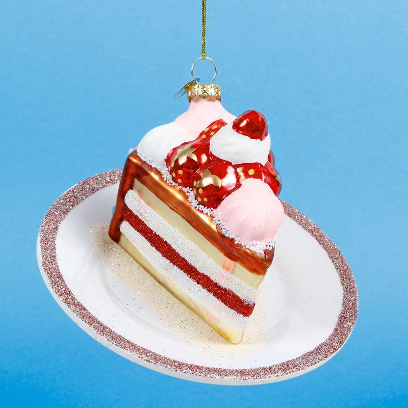 Slice of Cake on Plate Shaped Glass Christmas Hanging Bauble