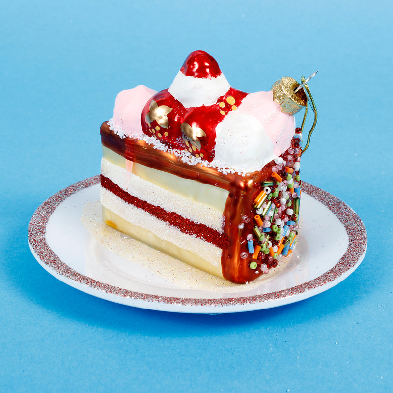 Slice of Cake on Plate Shaped Glass Christmas Hanging Bauble