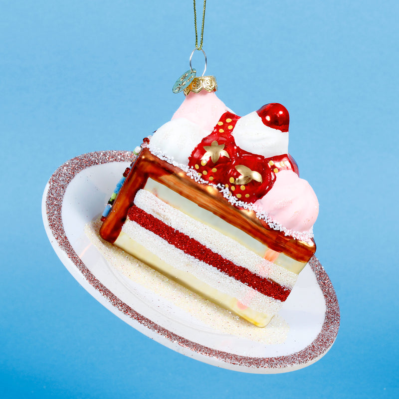 Slice of Cake on Plate Shaped Glass Christmas Hanging Bauble