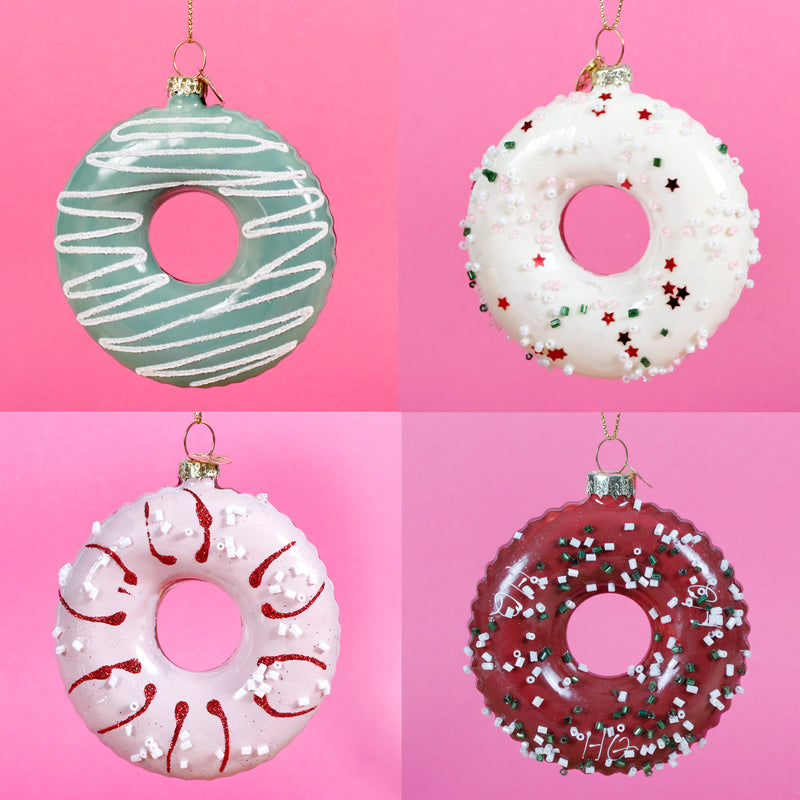 Doughnut Set of 4 Shaped 3d Glass Christmas Hanging Baubles