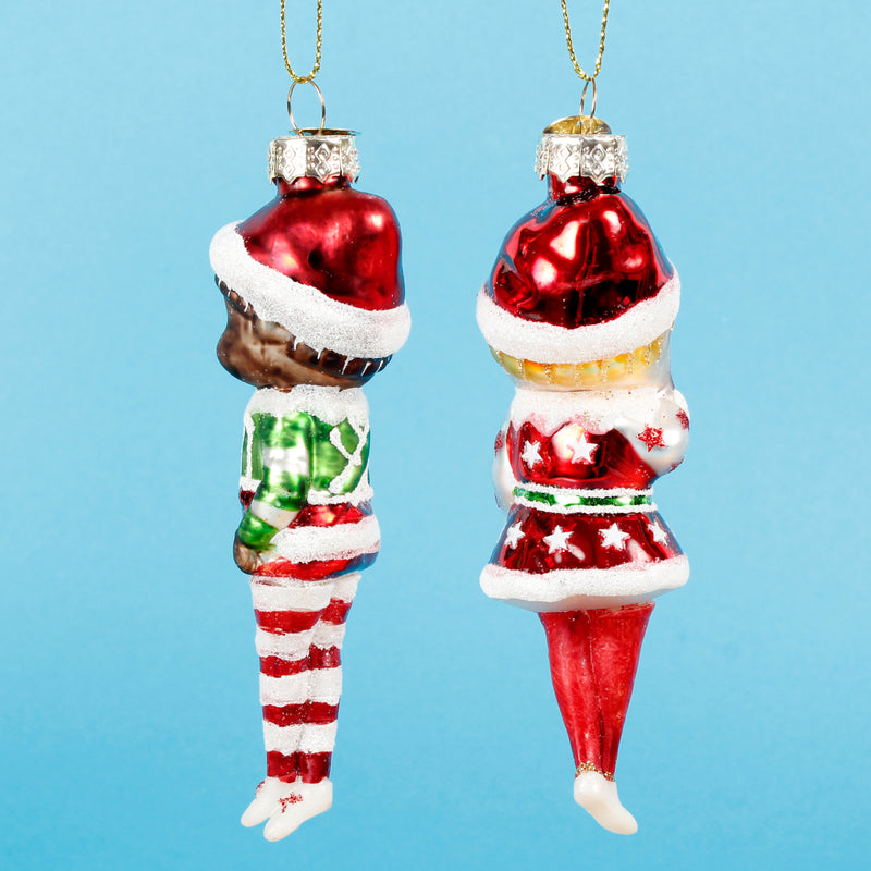 Elves Set of 2 Shaped 3d Retro Glass Christmas Hanging Bauble
