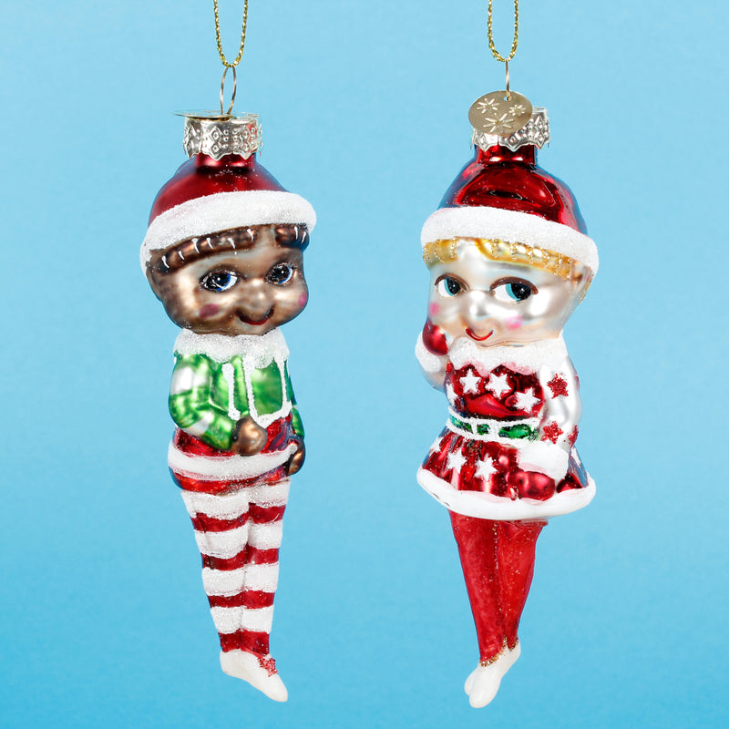 Elves Set of 2 Shaped 3d Retro Glass Christmas Hanging Bauble