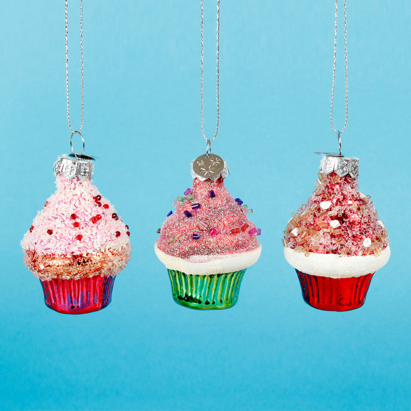 Cupcakes Set of 3 Glass Hanging Christmas Decoration 3d Baubles