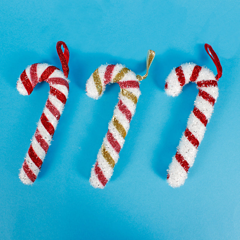 Fuzzy Red Gold and White Stripe Candy Canes 3D Baubles Set of 3 Hanging Decorations