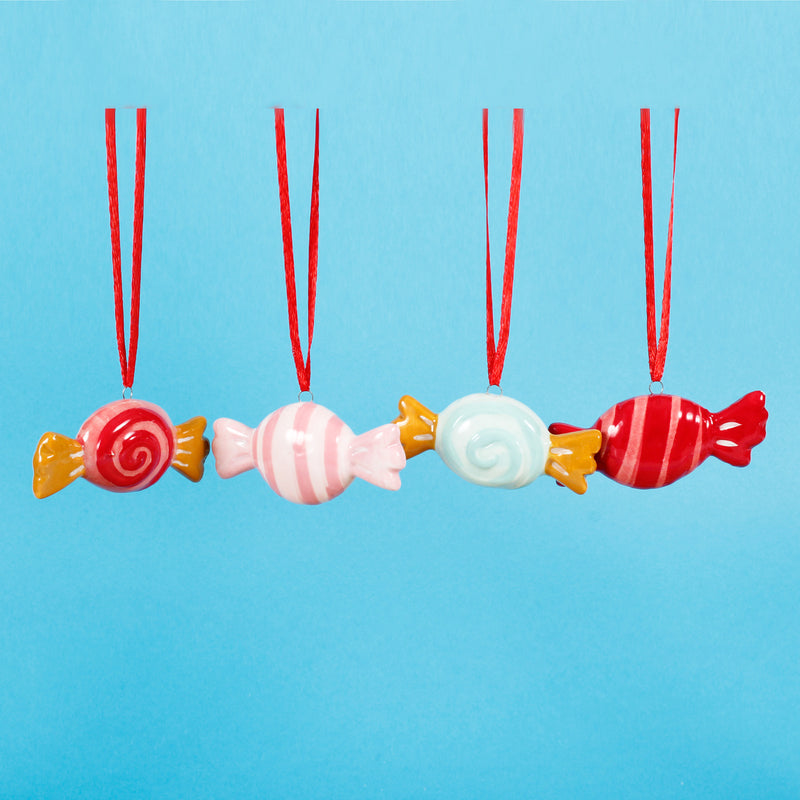 Wrapped Candies Shaped 3d - set of 4 Ceramic Hanging Christmas Decoration Baubles