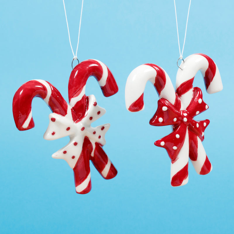 Candy Cane Ceramic Cross Shaped 3d Christmas Hanging Bauble Decorations Set of 2