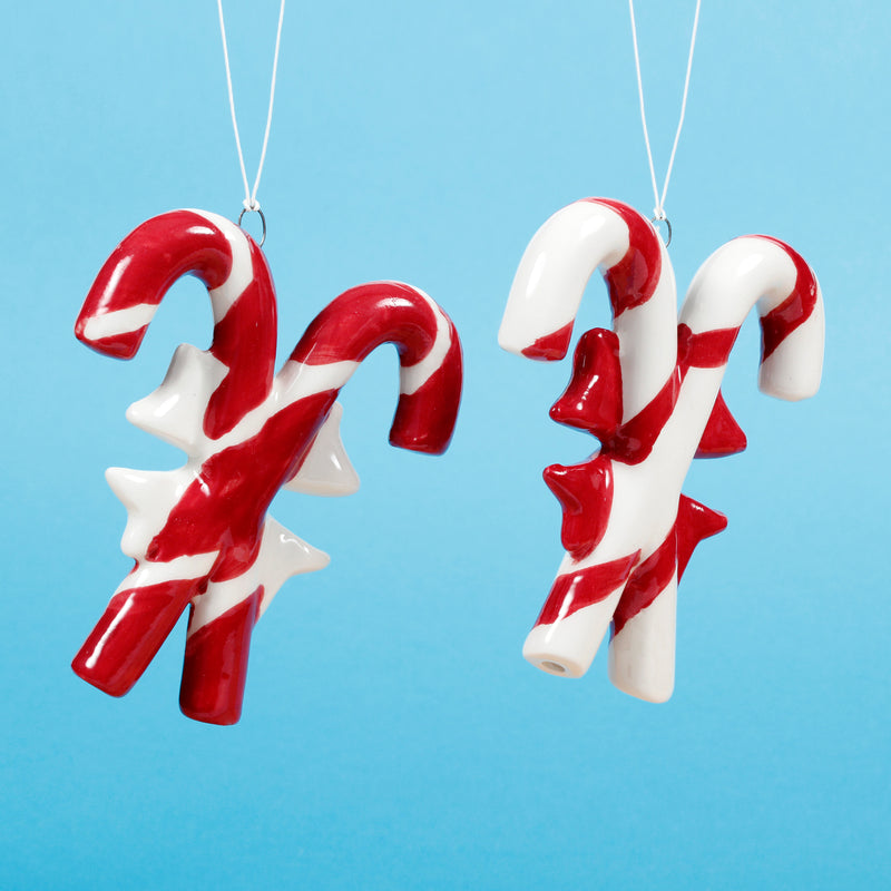 Candy Cane Ceramic Cross Shaped 3d Christmas Hanging Bauble Decorations Set of 2