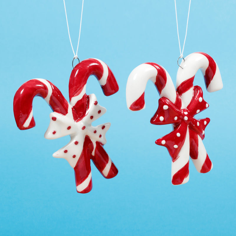 Candy Cane Ceramic Cross Shaped 3d Christmas Hanging Bauble Decorations Set of 2